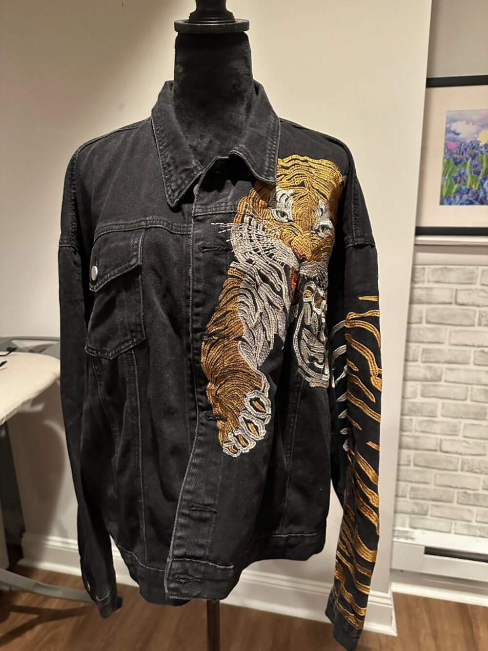Keith Richards Rolling Stonees Black Denim Jean Jacket Embroidered tiger (XL) - Picture 4 of 8